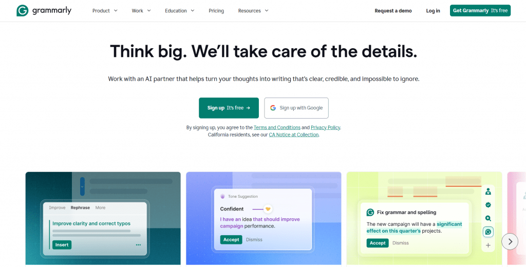 Web page landing screenshot for Grammarly featuring the headline "Think big. We’ll take care of the details." with sign-up buttons and interactive feature preview cards for text rephrasing, tone suggestions, and grammar fixes.