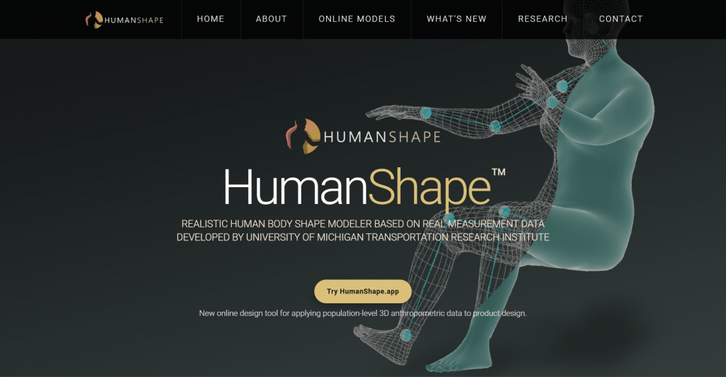 Web page screenshot for HumanShape featuring the headline "HumanShape", subtext for realistic body shape modeling based on University of Michigan research, a "Try HumanShape.app" call-to-action button, and a seated 3D human mesh graphic with skeletal tracking nodes.