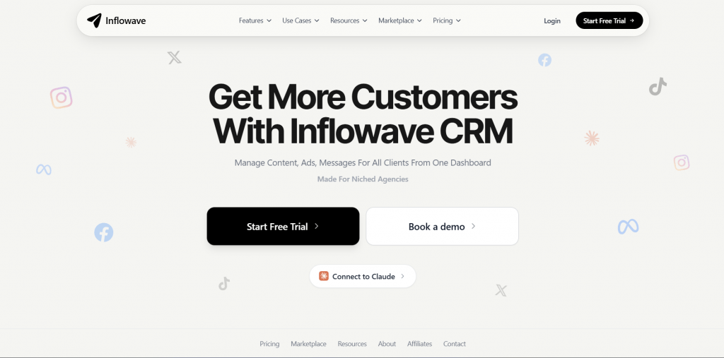 Web page landing screenshot for Inflowave CRM featuring floating social media icons, headline reading "Get More Customers With Inflowave CRM", and call-to-action buttons for starting a free trial or booking a demo.