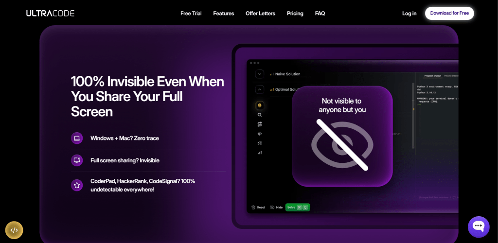 Web page feature section for UltraCode set inside a dark purple container, displaying the headline "100% Invisible Even When You Share Your Full Screen", key invisibility highlights, and a app preview with a purple slashed-eye icon overlay labeled "Not visible to anyone but you".
