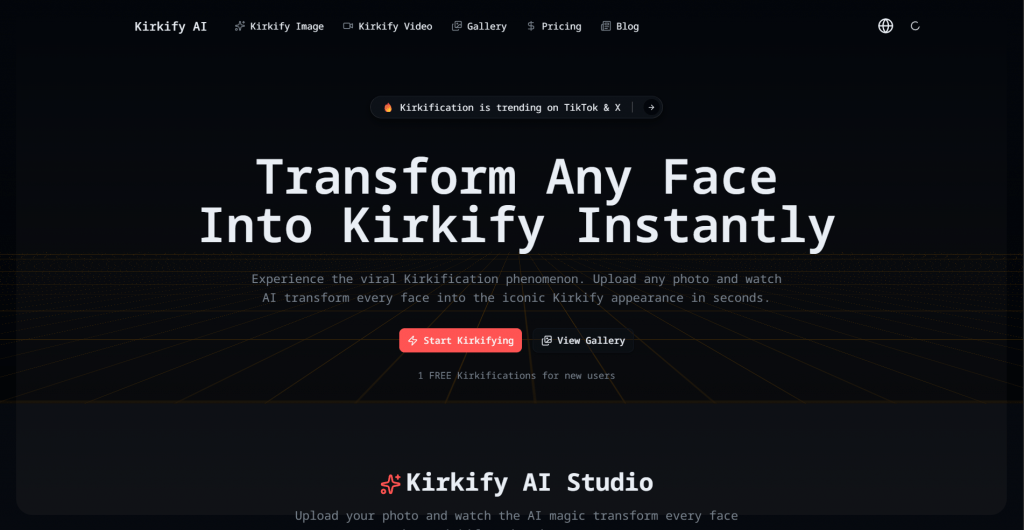 Web page landing screenshot for Kirkify AI set against a dark grid background, featuring the headline "Transform Any Face Into Kirkify Instantly", call-to-action buttons, and a header for Kirkify AI Studio.