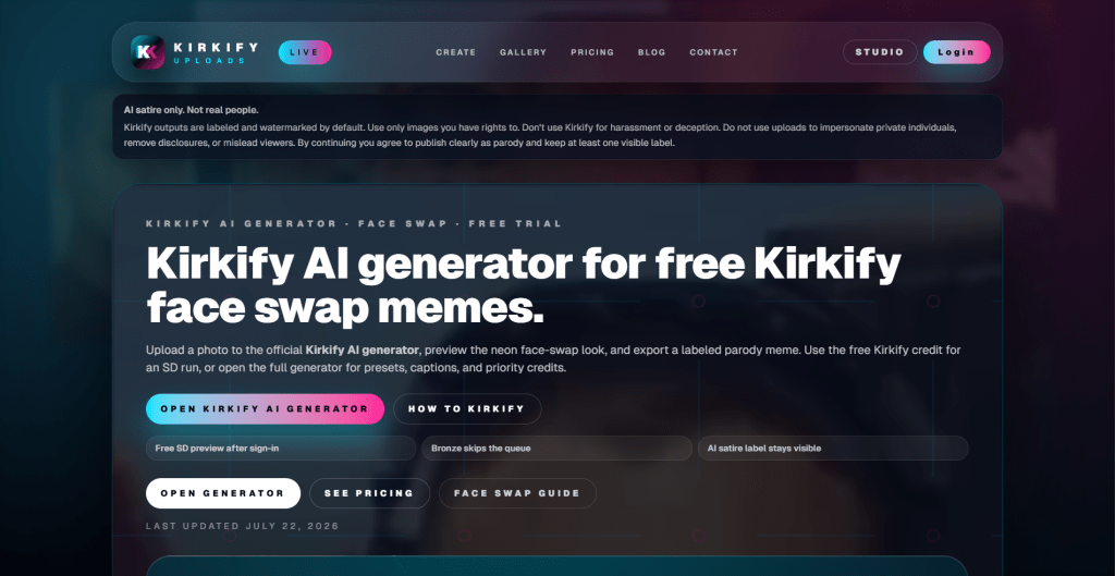 Web page landing screenshot for Kirkify Uploads featuring dark neon styling, a headline reading "Kirkify AI generator for free Kirkify face swap memes.", disclaimer text, and call-to-action buttons.