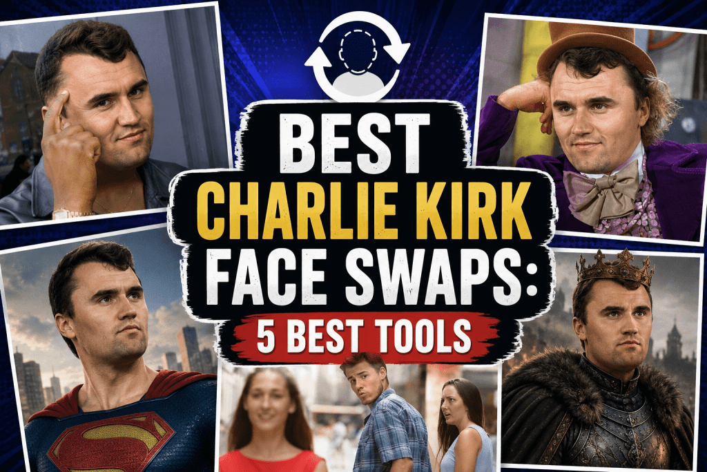 Blog banner titled "BEST CHARLIE KIRK FACE SWAPS: 5 BEST TOOLS", featuring a center text badge and surrounding photo collages of meme face swaps.