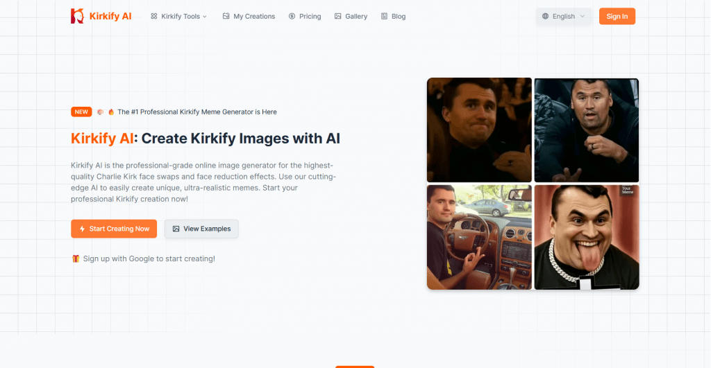 Web landing page hero section for Kirkify AI titled "Kirkify AI: Create Kirkify Images with AI", featuring call-to-action buttons on the left and a 2x2 collage of meme face-swap examples on the right.