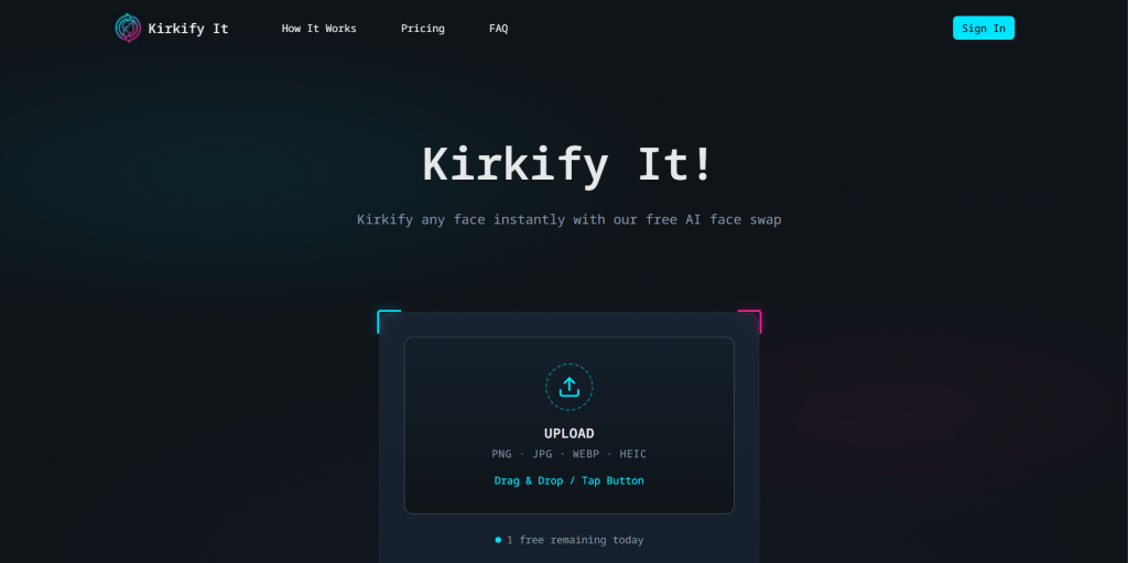 Web page landing screenshot for Kirkify It featuring a dark dark theme with neon cyan and pink accents, the headline "Kirkify It!", and a file upload box for image formats PNG, JPG, WEBP, and HEIC.