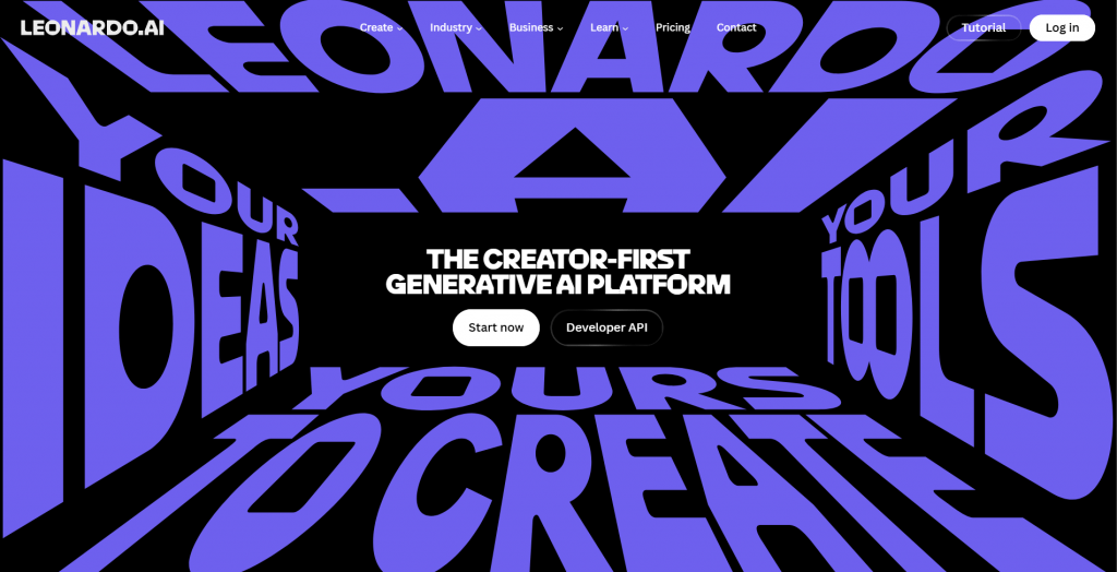 Landing page for Leonardo.AI with dynamic purple graphic text framing a black center reading "THE CREATOR-FIRST GENERATIVE AI PLATFORM", featuring "Start now" and "Developer API" buttons.