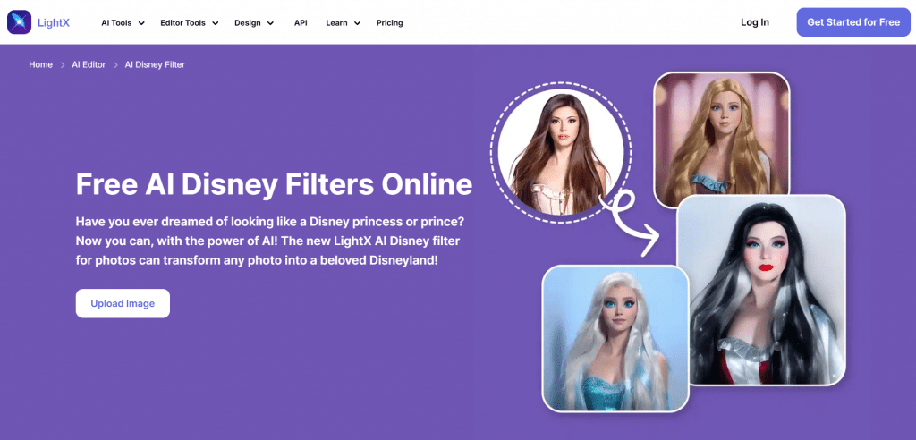 Web landing page hero section for LightX titled "Free AI Disney Filters Online", featuring copy, an "Upload Image" button, and transformation previews converting a human portrait into animated character styles.