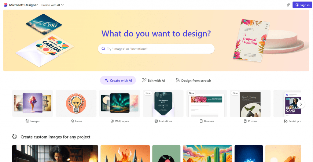 Web interface screenshot of Microsoft Designer featuring a top banner asking "What do you want to design?", a central search prompt bar, creative tool category tabs, and template preview cards.