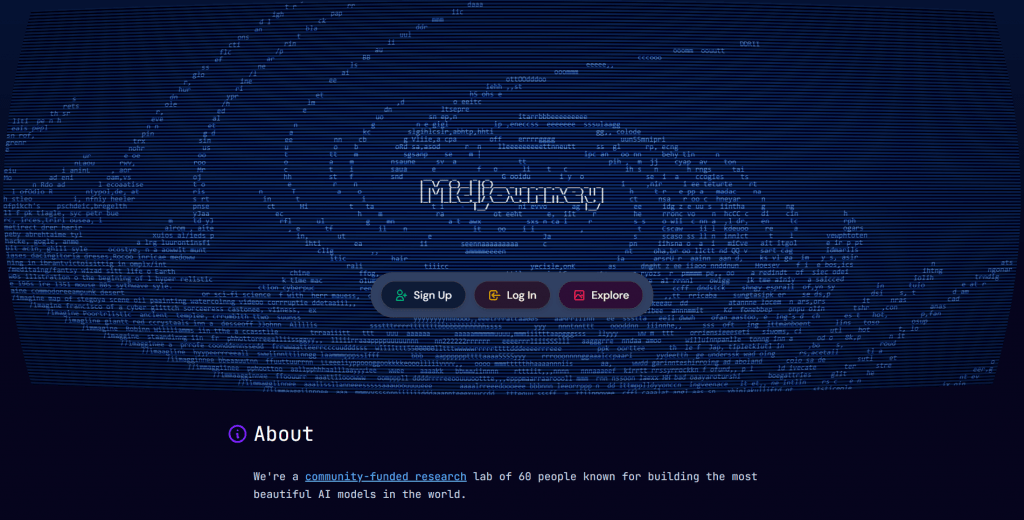Web landing page for Midjourney set against a dark blue background with text-based ASCII wave graphics, featuring a centered stylized Midjourney logotype, action buttons for Sign Up, Log In, and Explore, and an About section below.