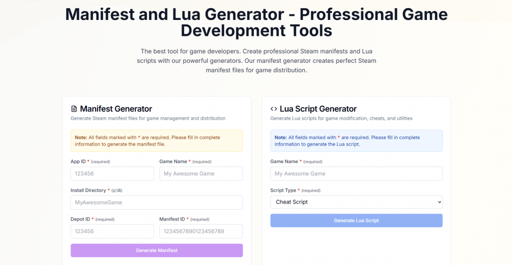 Web page UI for a "Manifest and Lua Generator" tool featuring side-by-side forms for generating Steam manifest files and Lua scripts for game development.
