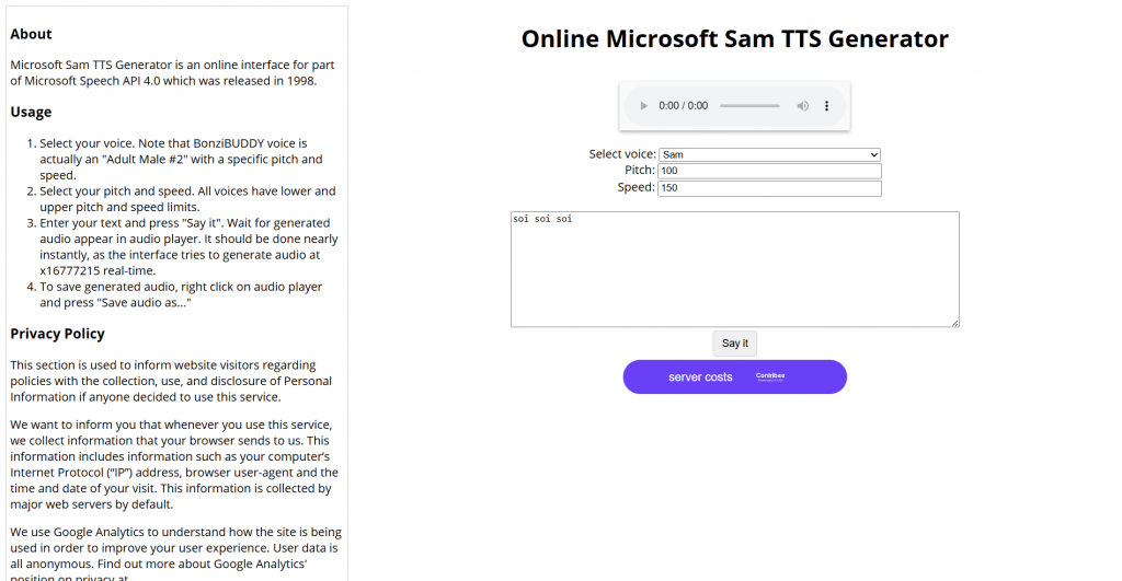 Web page screenshot for the Online Microsoft Sam TTS Generator featuring an information sidebar on the left and an interactive text-to-speech player on the right with options for voice, pitch, and speed.