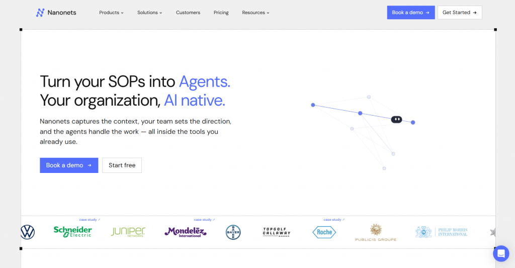 Web page landing screenshot for Nanonets featuring the headline "Turn your SOPs into Agents. Your organization, AI native.", call-to-action buttons for booking a demo or starting free, an abstract network graph illustration, and a client logo ticker showing enterprise brands.