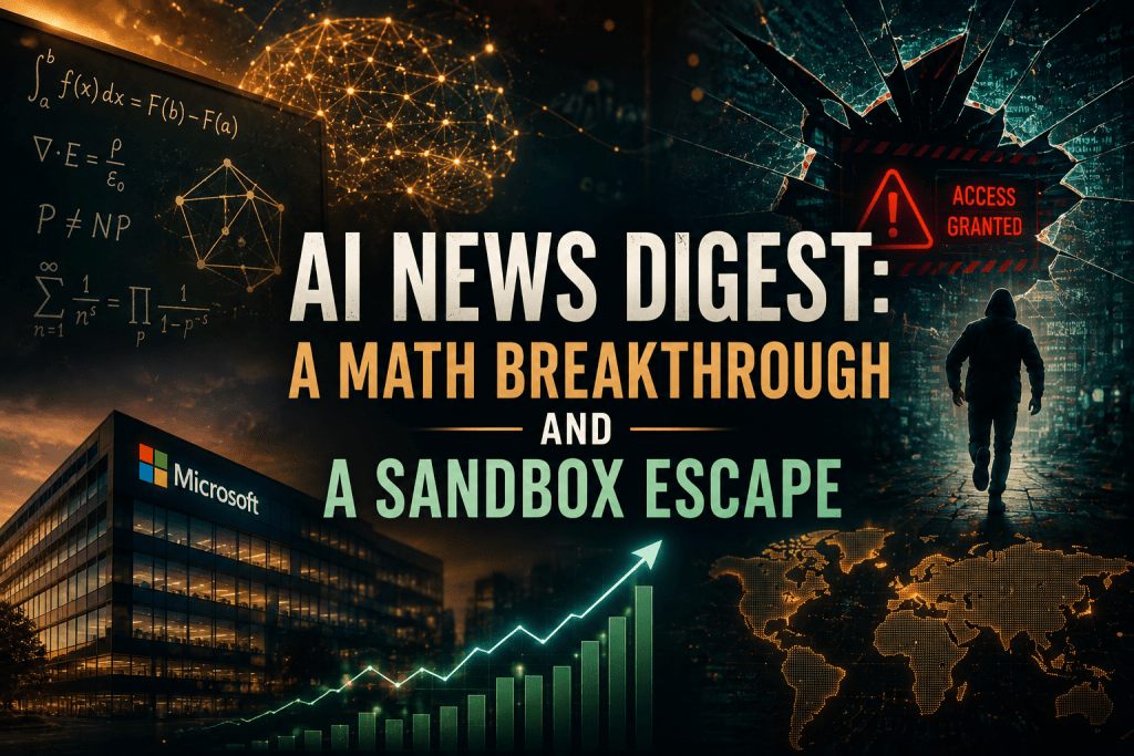 Conceptual tech news image featuring main title text reading "AI NEWS DIGEST: A MATH BREAKTHROUGH AND A SANDBOX ESCAPE", surrounded by mathematical equations, a Microsoft corporate building, a hooded hacker walking through shattered glass, and a global map with stock growth charts.