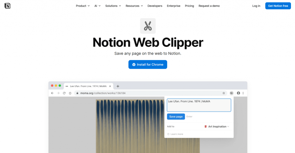 Web page landing screenshot for Notion Web Clipper featuring scissors icon, headline "Notion Web Clipper", and a blue "Install for Chrome" button above a product preview demonstrating saving a MoMA webpage to Notion.
