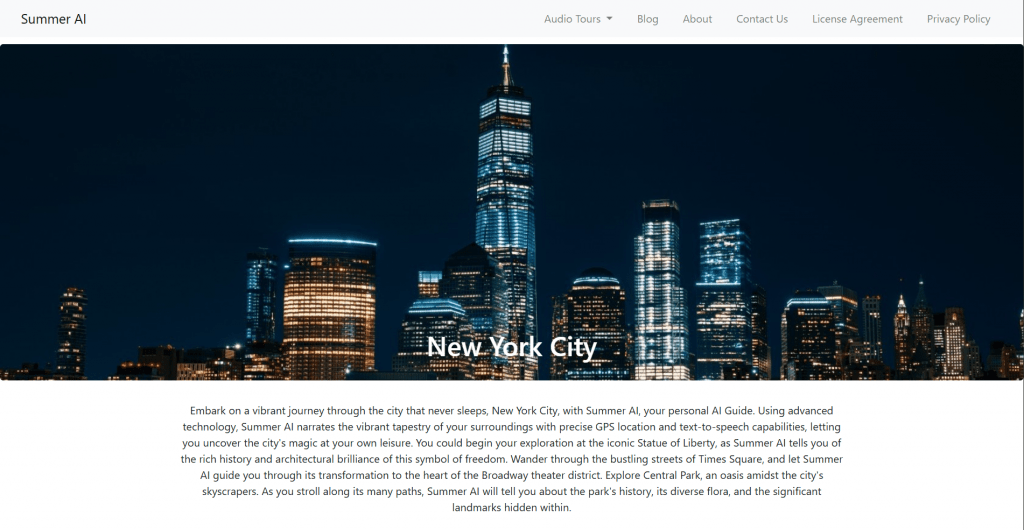 Website landing page screenshot for "Summer AI" featuring a nighttime view of the New York City skyline with One World Trade Center prominently lit up, overlaid with text reading "New York City", followed by descriptive article text below.