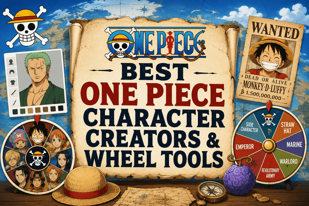 Blog banner titled "BEST ONE PIECE CHARACTER CREATORS & WHEEL TOOLS", featuring a scroll, Luffy's bounty poster, a character generator window, two spinning wheels, and a Devil Fruit.