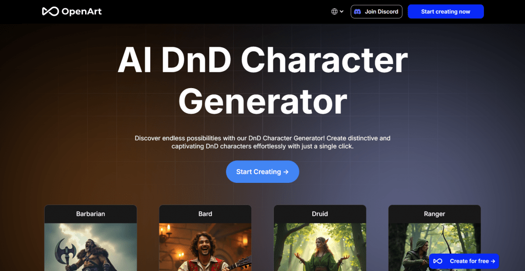 Web landing page for OpenArt featuring the headline "AI DnD Character Generator", a "Start Creating" call-to-action button, and character class preview cards for Barbarian, Bard, Druid, and Ranger.