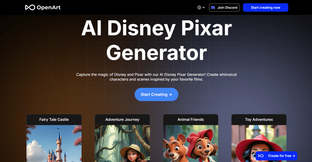 Web landing page hero section for OpenArt titled "AI Disney Pixar Generator", featuring descriptive headline text, primary action buttons, and visual preset category cards.
