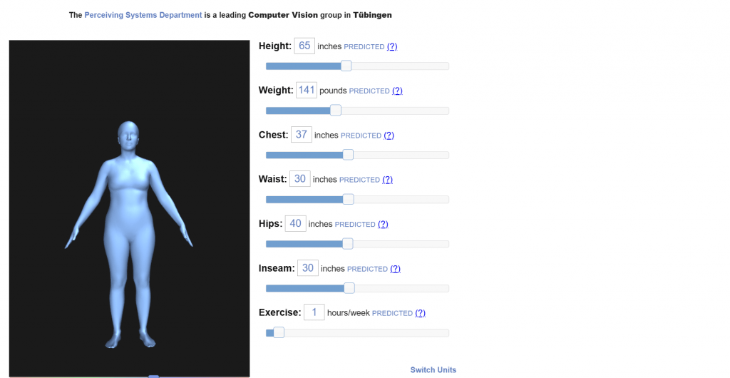 Web interface from the Perceiving Systems Department showing a 3D blue body mesh avatar on the left next to interactive measurement sliders for height, weight, chest, waist, hips, inseam, and exercise hours.