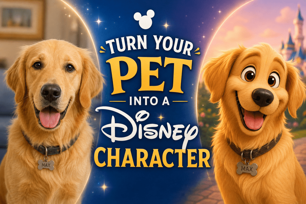 Side-by-side comparison image titled "TURN YOUR PET INTO A Disney CHARACTER," displaying a photo of a golden retriever on the left and its animated character version on the right.