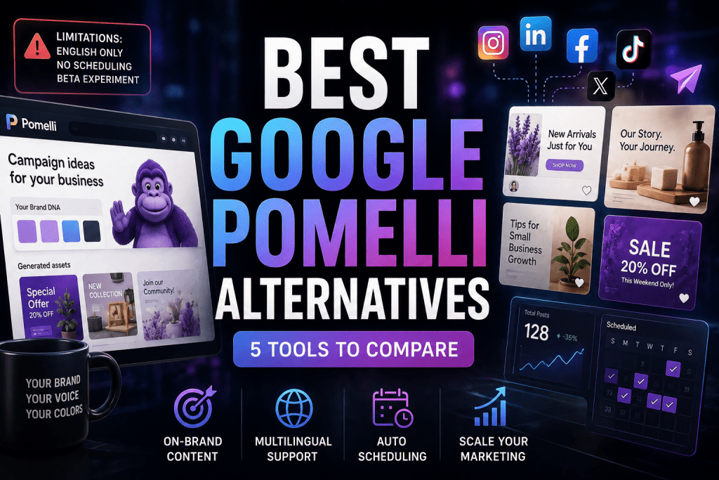 Promotional graphic for a comparison article titled "BEST GOOGLE POMELLI ALTERNATIVES: 5 TOOLS TO COMPARE", featuring UI mockups of Google Pomelli and social media graphics alongside feature icons highlighting on-brand content, multilingual support, auto scheduling, and marketing scale.