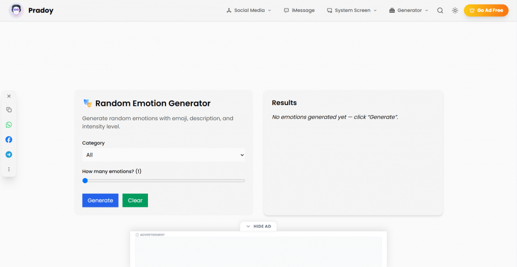 Web page screenshot of the Pradoy Random Emotion Generator interface featuring category dropdowns, a quantity slider, blue Generate and green Clear buttons, and an empty Results display card.