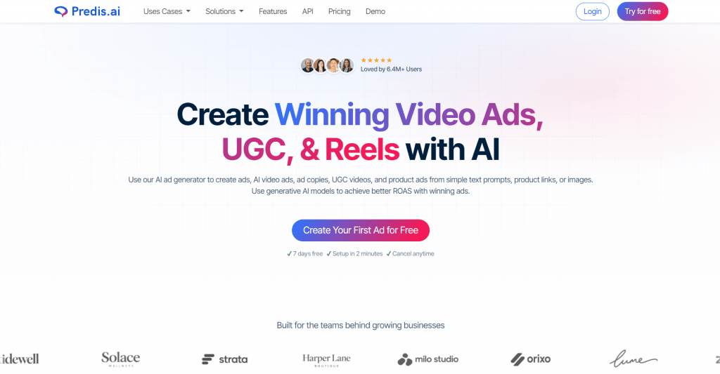 Web landing page for Predis.ai featuring the headline "Create Winning Video Ads, UGC, & Reels with AI", call-to-action buttons, user review avatars, and partner brand logos along the bottom.