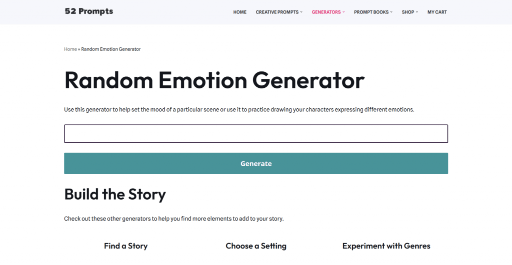 Web page screenshot for 52 Prompts' Random Emotion Generator featuring a central text box, a teal "Generate" button, and links to other story-building tools.