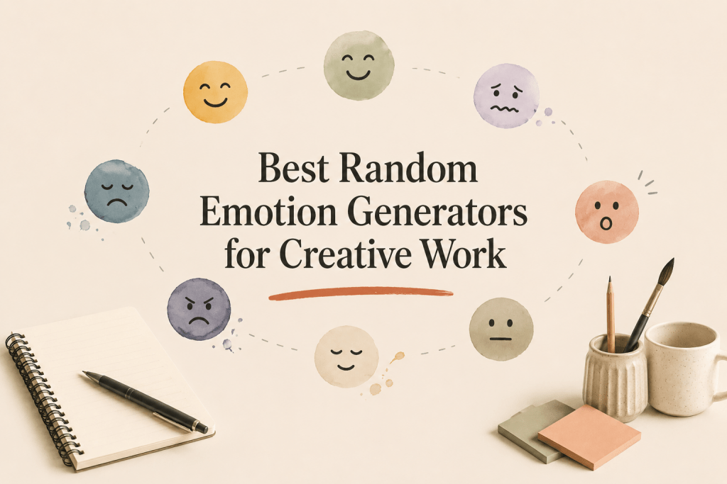 Graphic image featuring the title "Best Random Emotion Generators for Creative Work" surrounded by watercolor emotion face circles, a spiral notebook, sticky notes, and stationery on a cream desk surface.