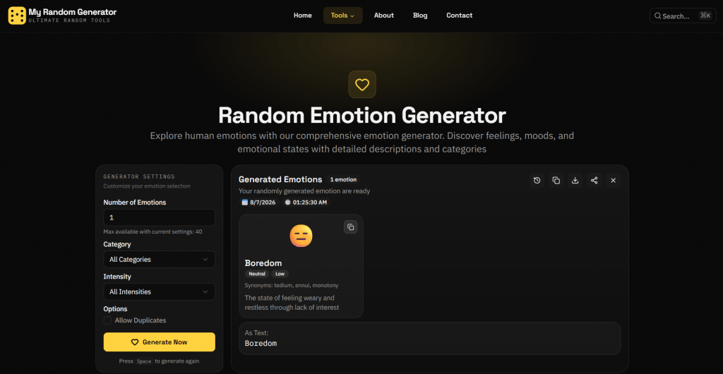 Web page screenshot of the My Random Generator Random Emotion Generator tool in dark mode, showing customizable settings on the left and a generated result for "Boredom" with an emoji and definition on the right.
