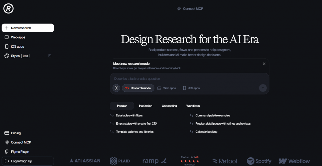 Web application dashboard screenshot for Mobbin design research tool, featuring a dark theme, search input box with "Research mode", category filter tabs, and quick prompt suggestions.