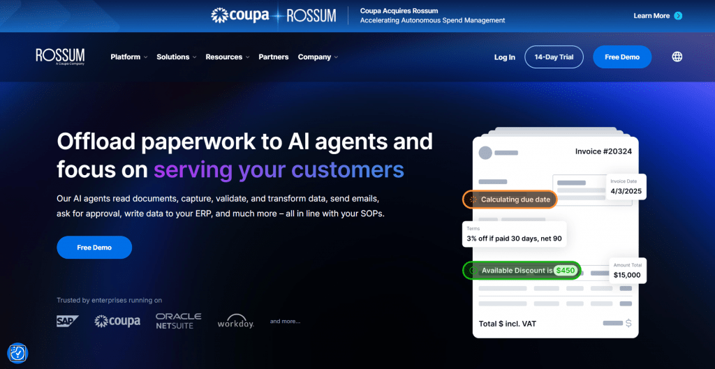 Web page landing screenshot for Rossum featuring an announcement for Coupa acquiring Rossum, headline "Offload paperwork to AI agents and focus on serving your customers", a "Free Demo" button, enterprise client logos, and an interactive invoice document graphic processed by AI agents.
