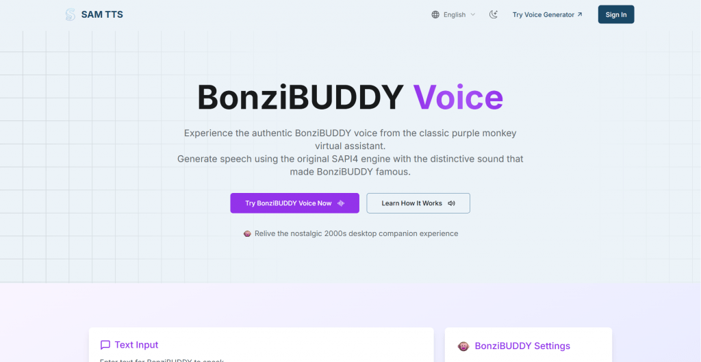 Web page landing screenshot for SAM TTS featuring a grid-patterned background, headline reading "BonziBUDDY Voice", call-to-action buttons for trying the generator or learning how it works, and lower cards for text input and settings.