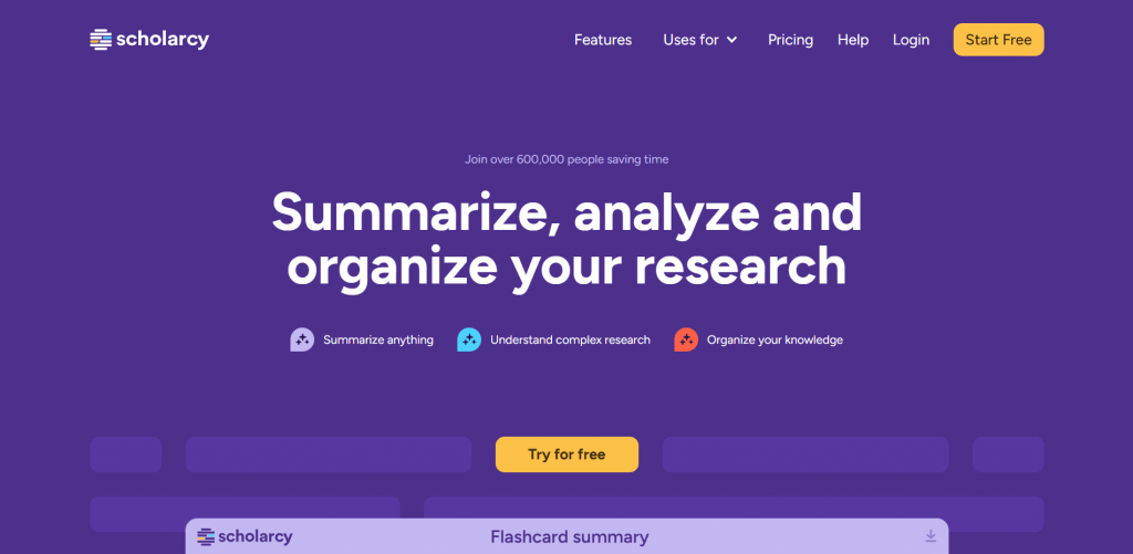 Web page landing screenshot for Scholarcy featuring a deep purple theme, the headline "Summarize, analyze and organize your research", and a yellow "Start Free" call-to-action button.