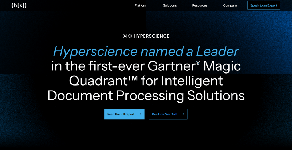 Landing page screenshot for Hyperscience set against a dark blue textured background, featuring headline text announcing its placement as a Leader in the Gartner Magic Quadrant for Intelligent Document Processing Solutions, accompanied by call-to-action buttons.