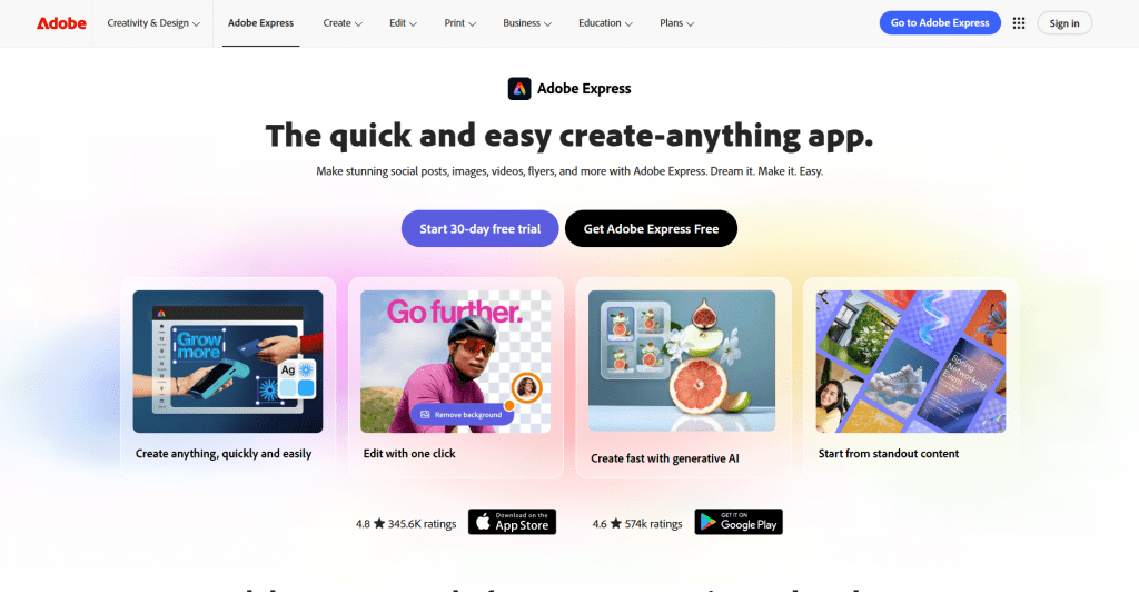Web landing page for Adobe Express set against a light background with subtle colorful ambient glows, featuring the headline "The quick and easy create-anything app.", call-to-action buttons, four feature cards, and app store ratings.