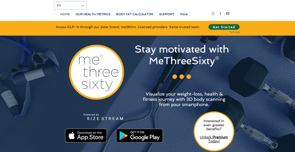 Web landing page for meThreeSixty set against a blue fitness background with dumbbells and jump ropes, featuring the brand logo, headline "Stay motivated with MeThreeSixty", app store download badges, and an upgrade badge.