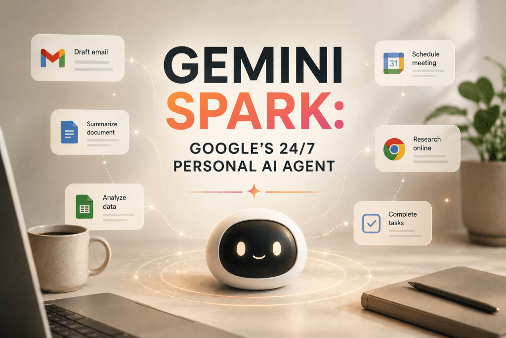 Product graphic titled "GEMINI SPARK: GOOGLE'S 24/7 PERSONAL AI AGENT", featuring a small, cute white desktop AI hardware unit on a desk surrounded by floating feature cards for Gmail, Google Docs, Google Sheets, Google Calendar, Chrome, and general tasks.