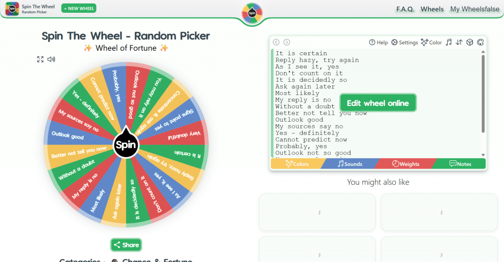 Web interface screenshot for "Spin The Wheel - Random Picker" featuring a customizable Wheel of Fortune decision wheel on the left and an entry list editor panel on the right.