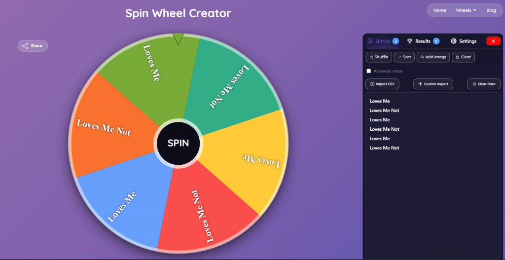 Web interface screenshot for Spin Wheel Creator featuring a 6-slice "Loves Me / Loves Me Not" wheel on the left and an entry management panel on the right.