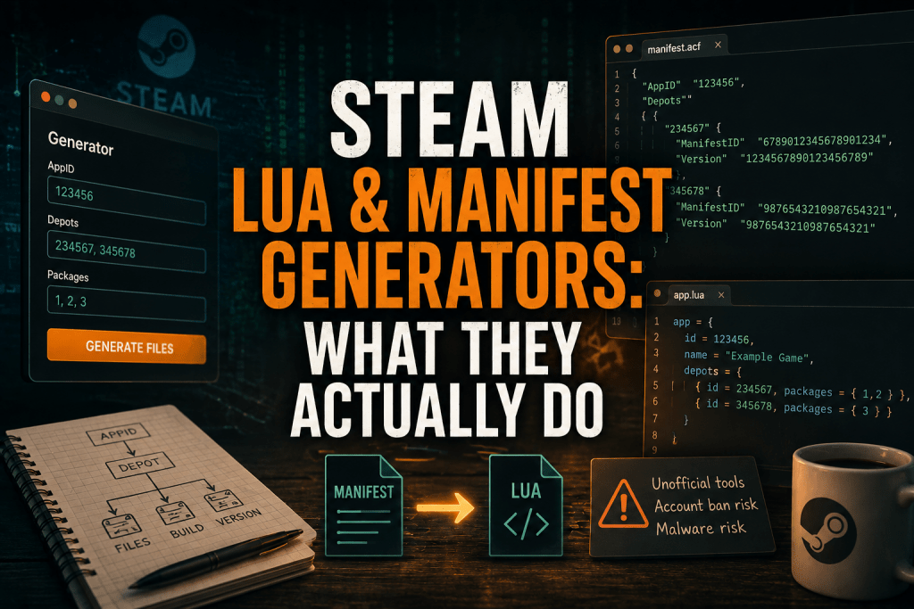 Graphic on a dark wooden desk titled "STEAM LUA & MANIFEST GENERATORS: WHAT THEY ACTUALLY DO", surrounded by code windows, a generator interface, a handwritten flowchart, and a risk warning sign.