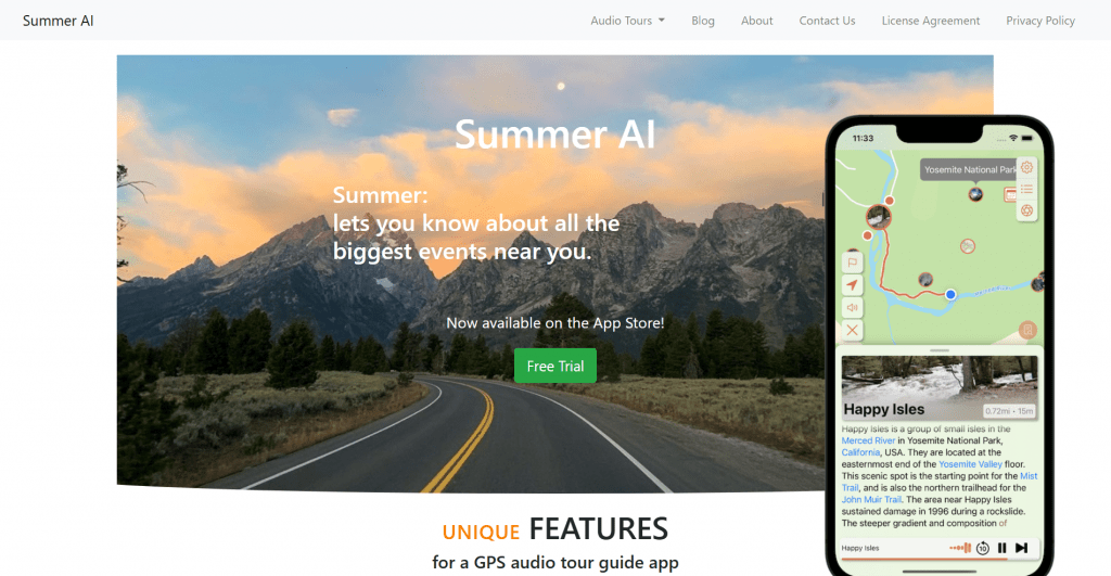 Website landing page screenshot for "Summer AI" showing a scenic mountain backdrop, a green "Free Trial" button, and a mobile phone display showcasing a GPS audio tour map of Yosemite National Park.