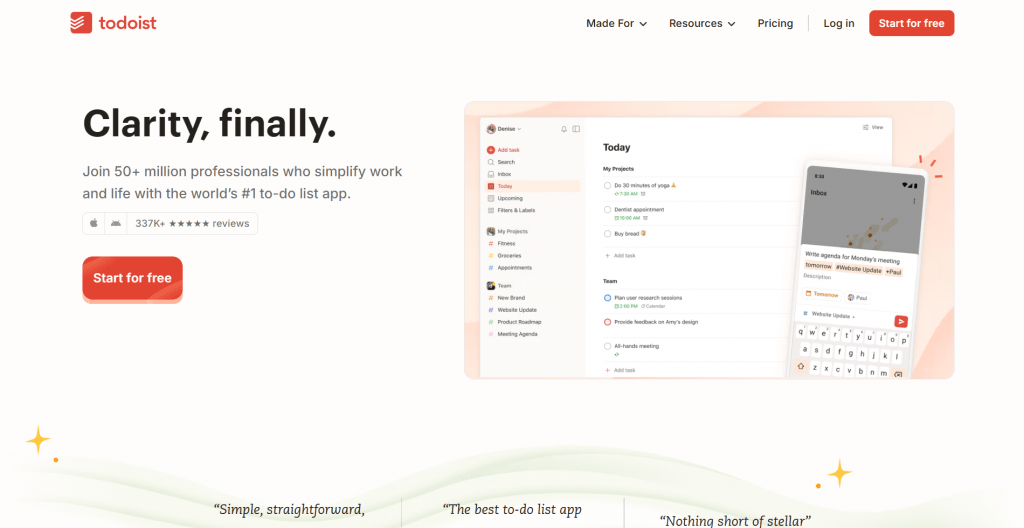 Web page landing screenshot for Todoist featuring the headline "Clarity, finally." alongside a red "Start for free" button and a multi-device UI preview showing task lists on desktop and mobile screens.