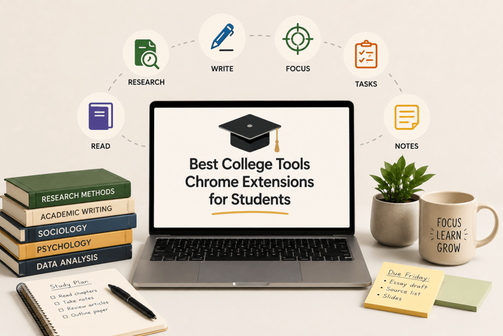 Graphic featured on a laptop screen displaying the title "Best College Tools Chrome Extensions for Students" surrounded by floating task categories, textbooks, a notebook, and a coffee mug.