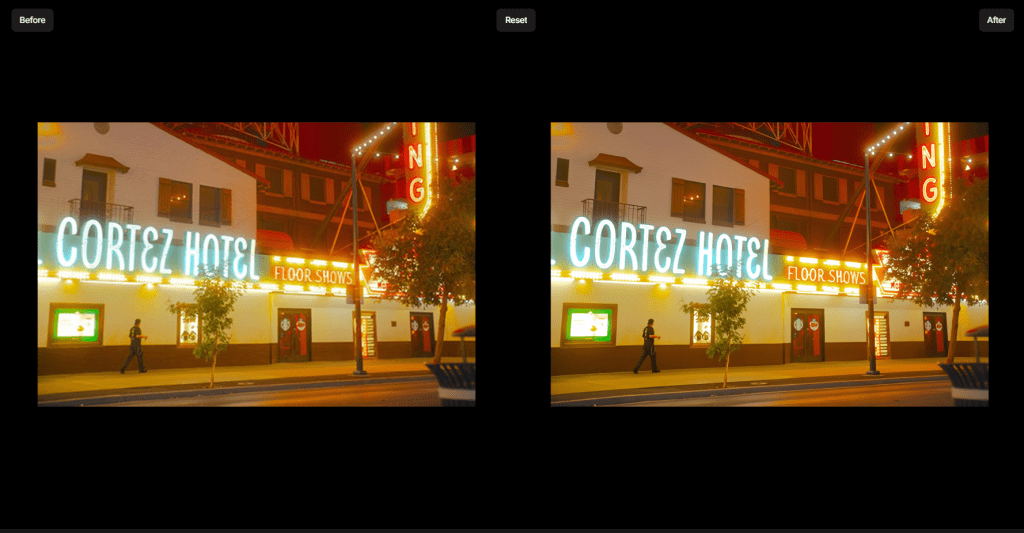 Side-by-side comparison interface showing a "Before" image of the bright, neon-lit Cortez Hotel at night next to an "After" enhanced version with sharpened text details and reduced light bloom.