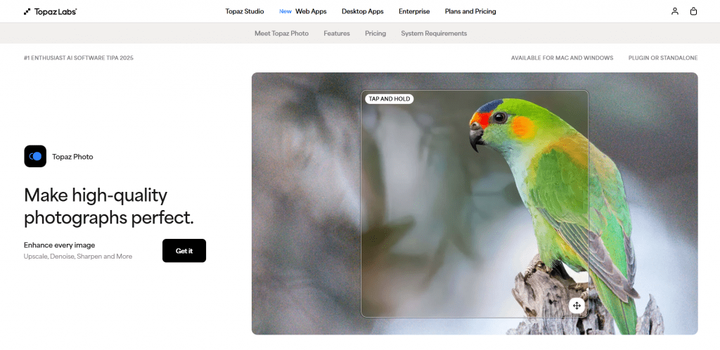 Website screenshot for Topaz Labs featuring the headline "Make high-quality photographs perfect." alongside a product preview showing an enhanced bird image.