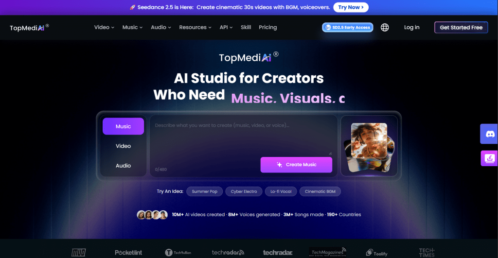 Web page landing screenshot for TopMediai AI Studio featuring a dark glowing backdrop, navigation bar with an early access banner, central headline reading "AI Studio for Creators Who Need Music. Visuals. c", interactive prompt generator console with mode tabs for Music, Video, and Audio, and quick prompt idea pills.