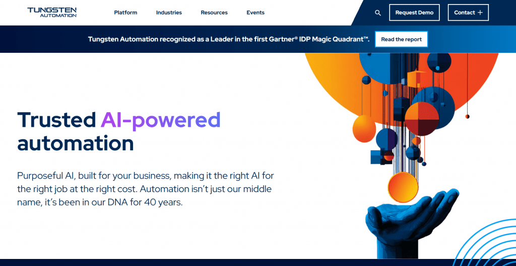 Web page landing screenshot for Tungsten Automation featuring a top announcement banner, main headline reading "Trusted AI-powered automation", and an artistic 3D graphic of a blue hand holding glowing connected geometric spheres.