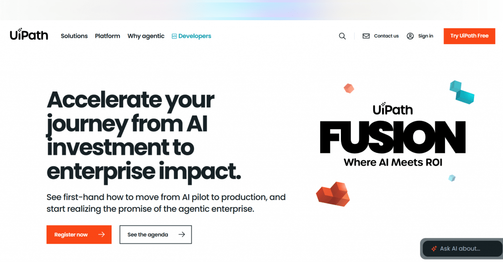 Web page landing screenshot for UiPath featuring the headline "Accelerate your journey from AI investment to enterprise impact.", promotional graphic for "UiPath FUSION: Where AI Meets ROI", action buttons for registering and viewing the agenda, and a top navigation bar with a "Try UiPath Free" button.