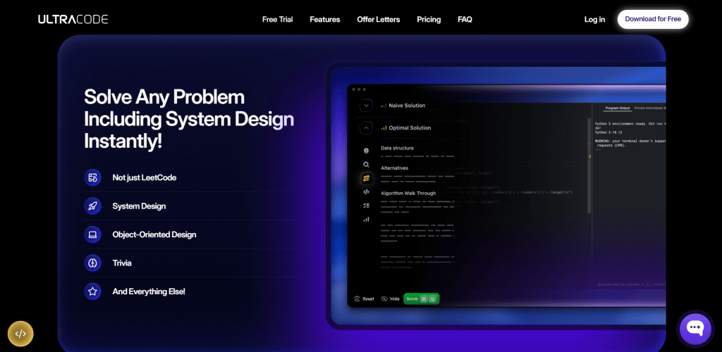 Web page feature section for UltraCode set inside a dark blue container, showcasing the headline "Solve Any Problem Including System Design Instantly!", a feature feature list, and an interactive app interface preview showing code analysis tabs like Naive Solution, Optimal Solution, Data Structure, and Alternatives.